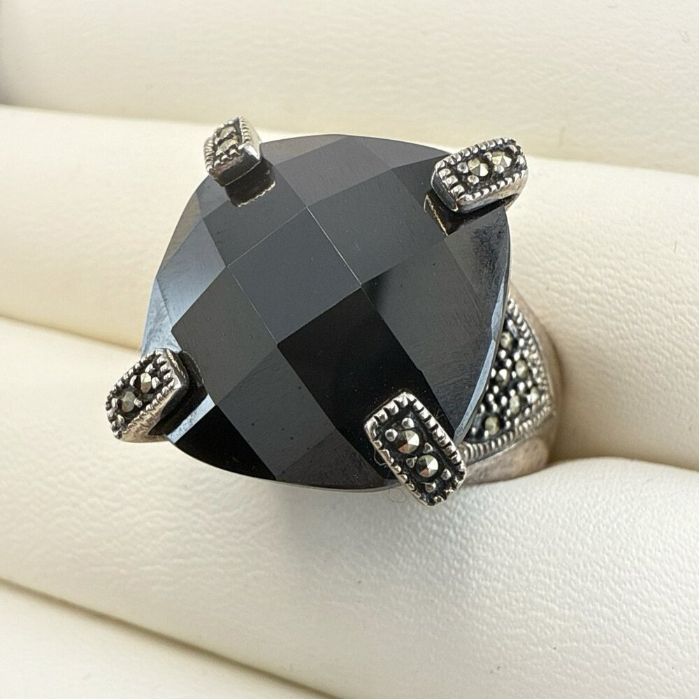 Onyx Sterling Silver Ring Marcasite Deco Estate 925 size 9 Cushion Cocktail